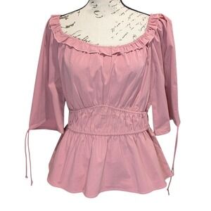 Davi & Dani Pink Peplum Top Ruffle Off Shoulder Smocked Waist Blouse- Large